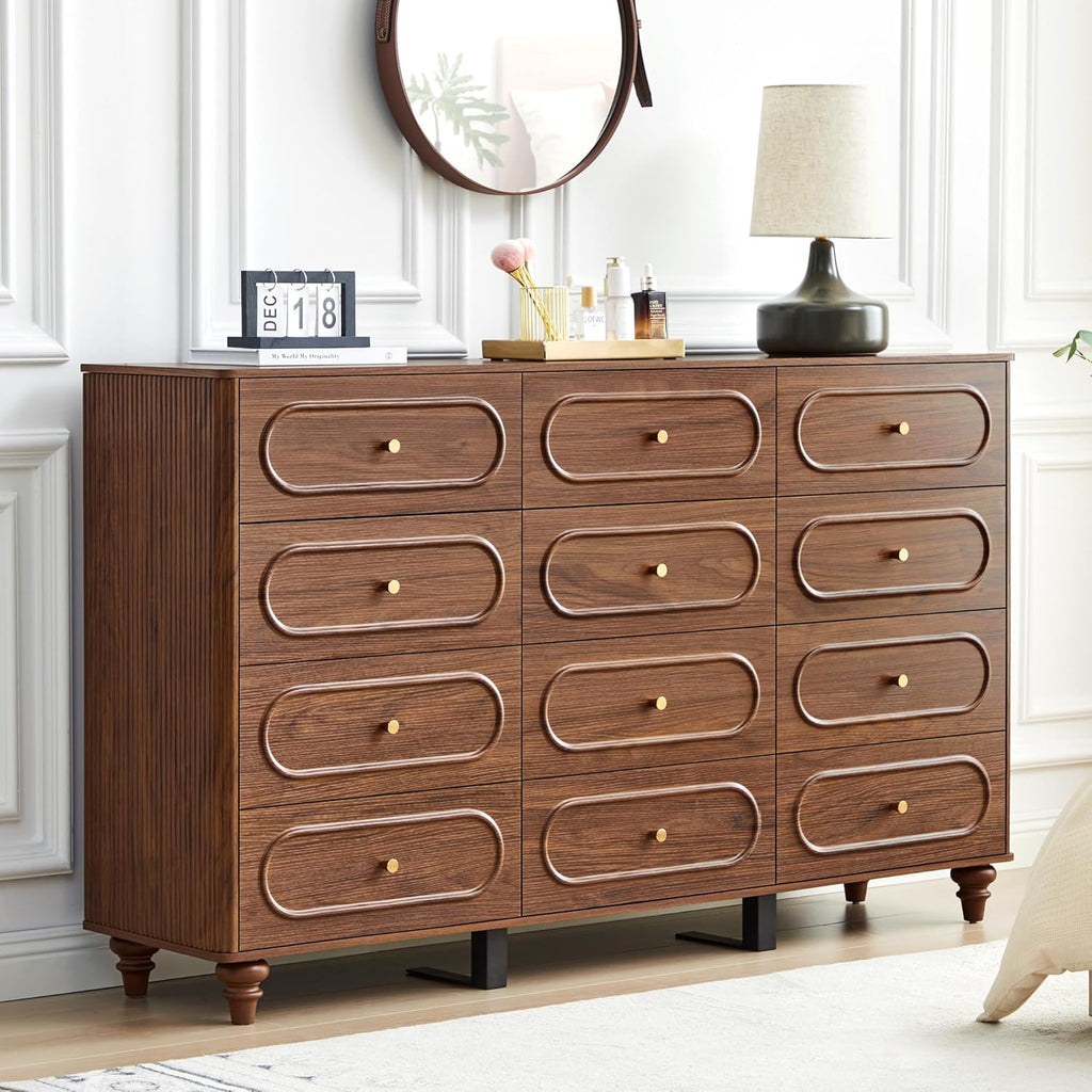 ORRD 12 Drawer Fluted Dresser for Bedroom, Mid Century Modern Chest of Drawers, Wood Storage Small Dresser Organizer for Bedroom Living Room Hallway Closet, Walnut