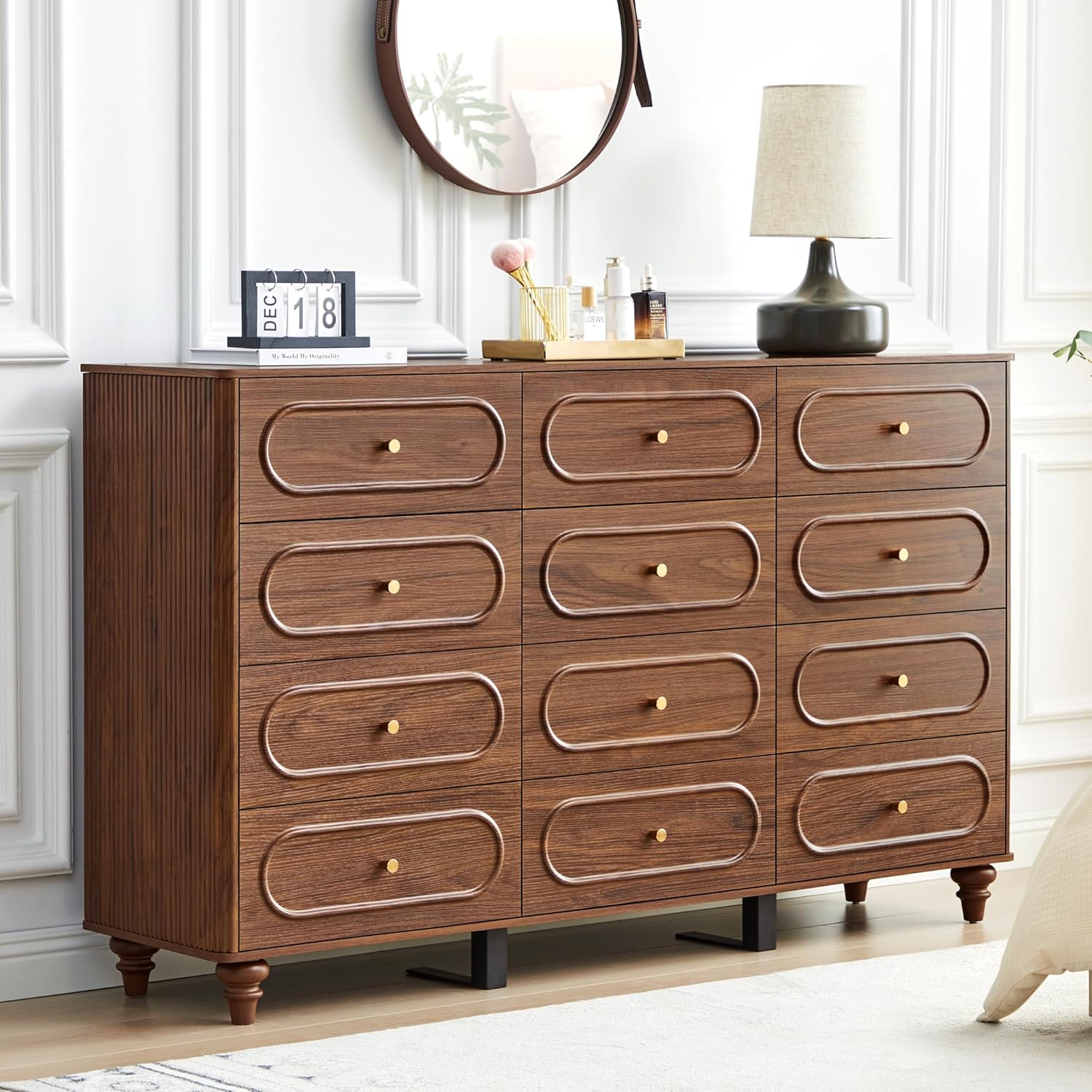 ORRD 12 Drawer Fluted Dresser for Bedroom, Mid Century Modern Chest of Drawers, Wood Storage Small Dresser Organizer for Bedroom Living Room Hallway Closet, Walnut