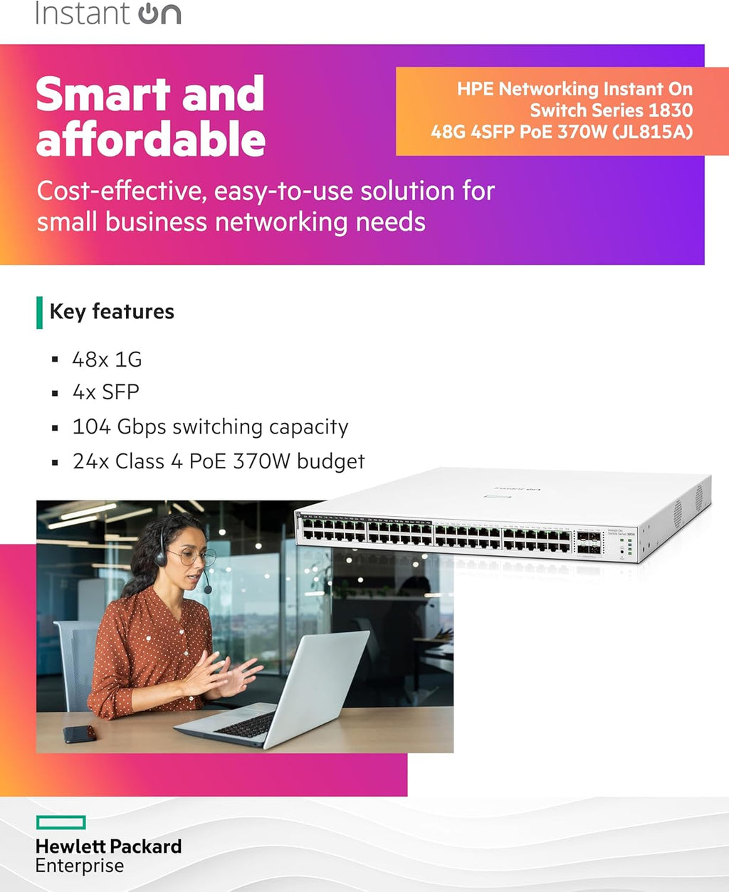 HPE Networking Instant On Switch Series 1830 48-Port Gb Smart-Managed Layer 2 Ethernet Switch with PoE | 48x 1G | 4X SFP | 24x CL4 PoE (370W) | Fan-Less | US Cord (JL815A#ABA)
