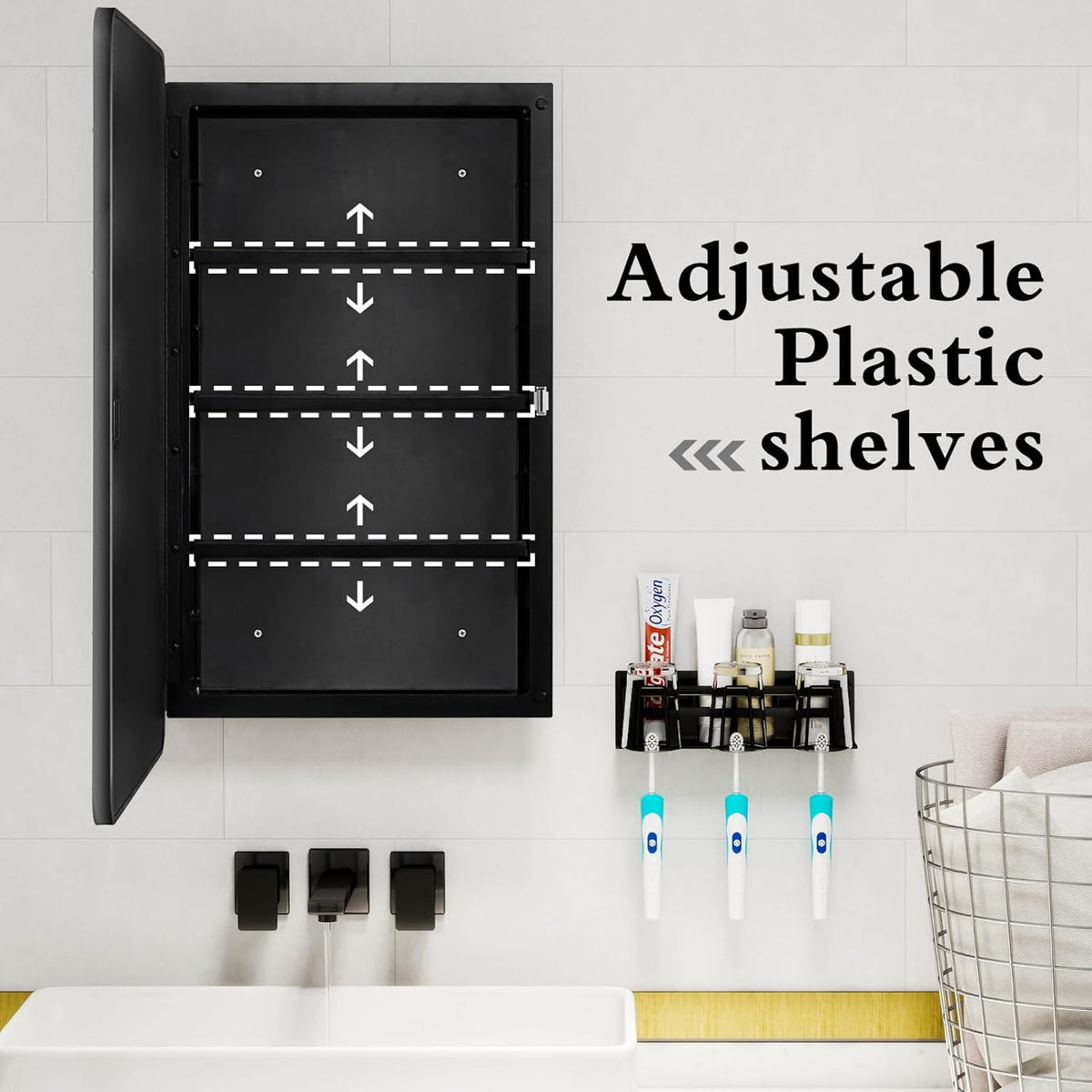 Fundin Black Plastic Medicine Cabinet, Mirror Door with Round Corner Metal Frame, Recessed and Surface Mount Bathroom Wall Medicine Cabinet, 16 x 28 inch Mirror Size