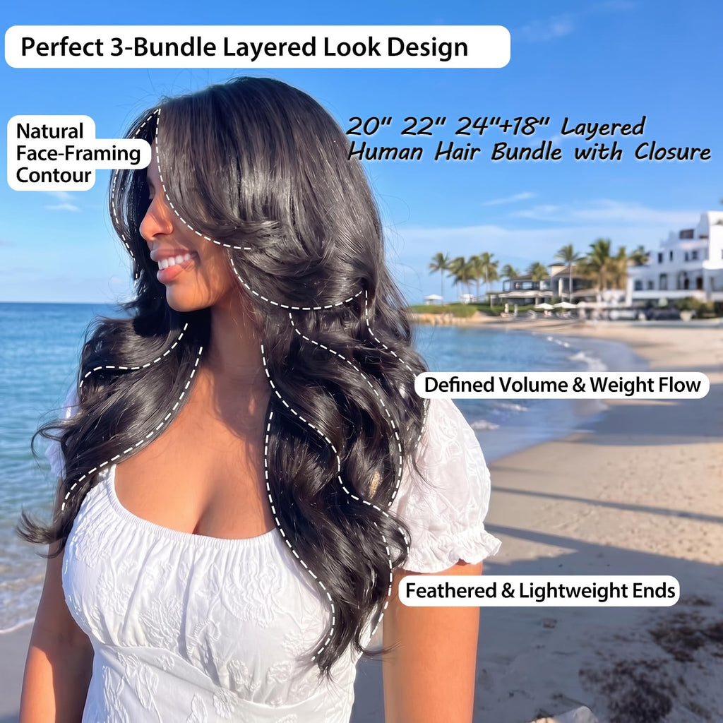 12A Body Wave Bundles with Closure 20 22 24+18Inch 5x5 HD Lace Closure 100% Brazilian Virgin Human Hair True to Length Quick Weave Natural Color Layered Look for Women Beginner Birthday Prom Party