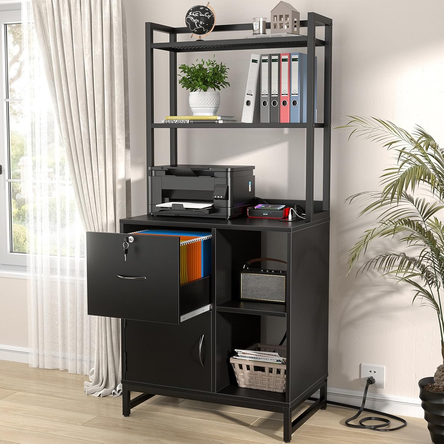 Homieasy Vertical Filing Cabinet with Bookshelf for Home Office, File Cabinet with Shelves, Lock & Charging Station, Drawer Office File Cabinets with Printer Stand, fits Letter Size, Black