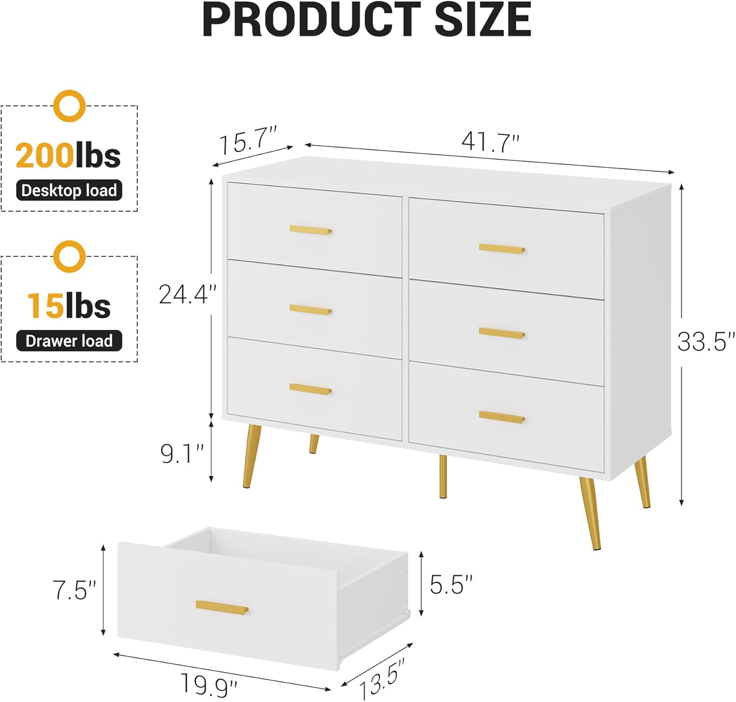 IDEALHOUSE 6 Drawer Dresser, Modern Wooden Chest of Drawers with Gold Handles, Deep Drawers for Bedroom, Living Room and Entryway, White