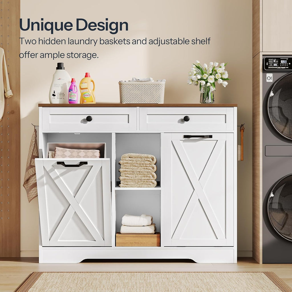 HOOBRO Double Tilt Out Laundry Hamper Cabinet, 23 Gallon Farmhouse Trash Can Cabinet with 2 Drawers and Open Shelving, Wooden Hidden Laundry Hamper, for Bathroom, Kitchen, White and Walnut WH11XY01