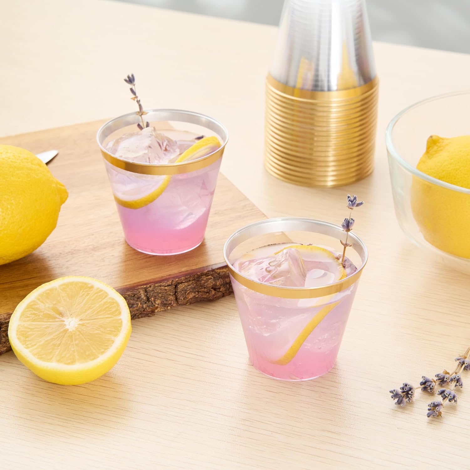 Restaurantware 5 oz Plastic Cups 500 Count Chef 101 Clear Disposable Cup with Gold Rim Drinkware Cold Beverage Tumbler Durable Design for Parties and Events