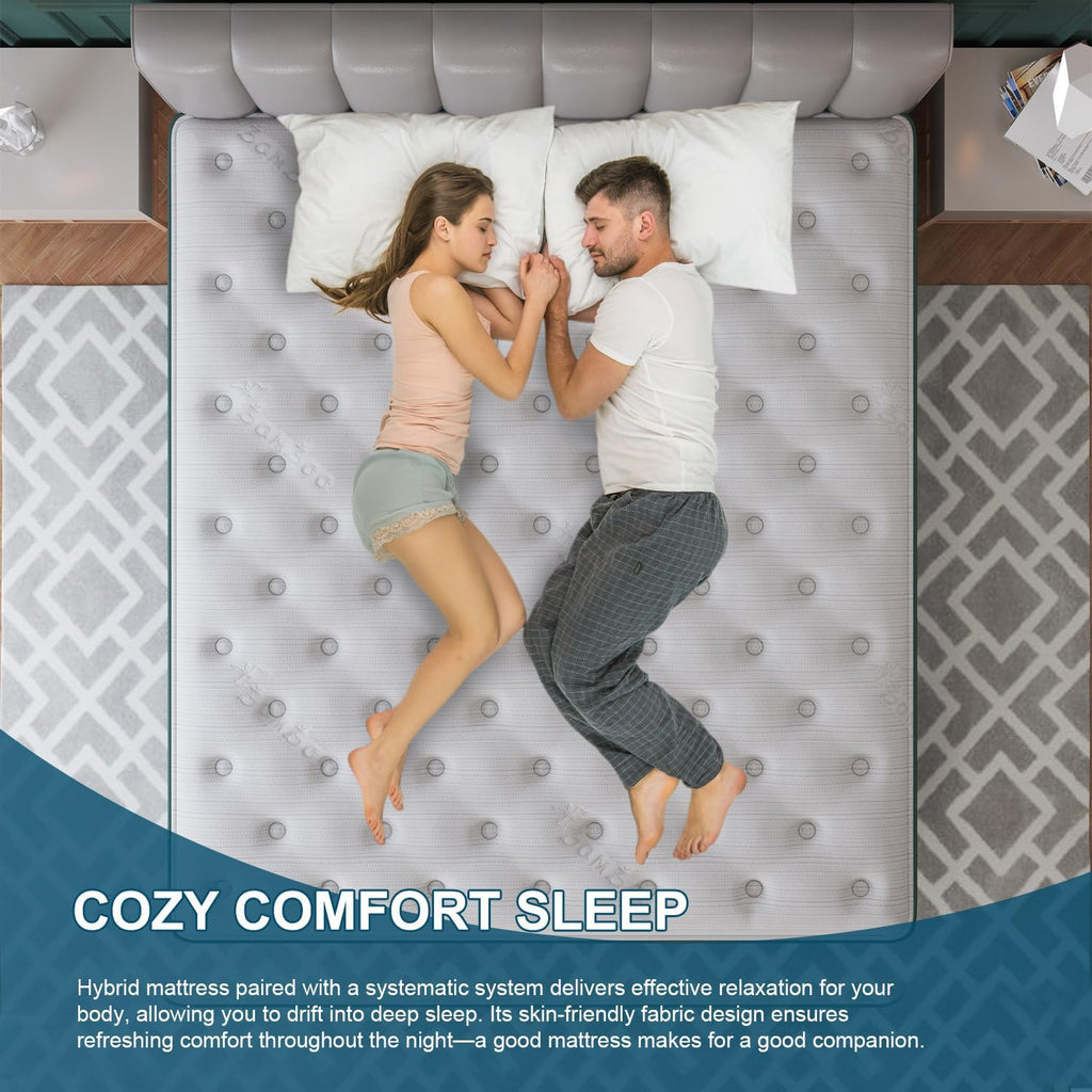 Queen Mattress, 14 Inch Hybrid Mattresses Green with Gel Memory Foam and Individually Pocket Innerspring Euro Top Medium Firm for Motion Isolation, Edge Support