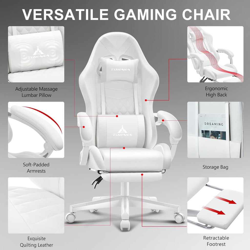 White Gaming Chair,Ergonomic Massage Computer Office Desk Chair with Footrest,Pocket Spring Cushion,Reclining Leather Adjustable Gamer Chair with Headrest and Lumbar Support,White