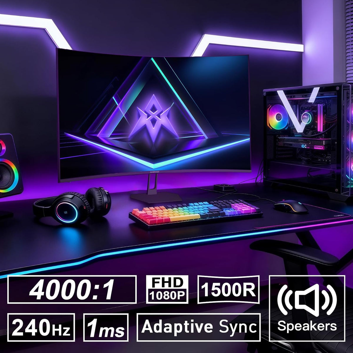 Amzfast 27 inch 240Hz Curved Monitor, FHD 1080p Gaming Monitor, Built-in Speakers, FreeSync, MPRT 1ms, 130% sRGB, 4000:1, 1500R, VESA Mount, HDMI 2.0&DP 1.4, 12 Months Warranty Exchange, AMZG27C1 Pro