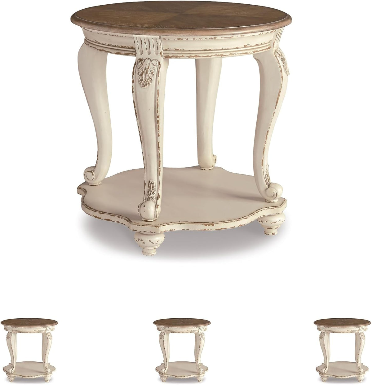 Signature Design by Ashley Realyn Round End Table, Cottage-Style Side Table with Antiqued Two-Tone Finish, Wood & Veneer Construction for Living Room or Bedroom, White/Brown