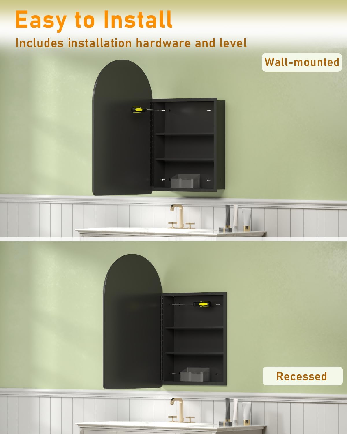 19.7"x31.5" Black Medicine Cabinet with Mirror, Arched Medicine Cabinet with Mirror for Bathroom Vanity Wall Mounted & Recessed with 1 Organizer, 2 Stable and Removable Shelves, Easy Installation