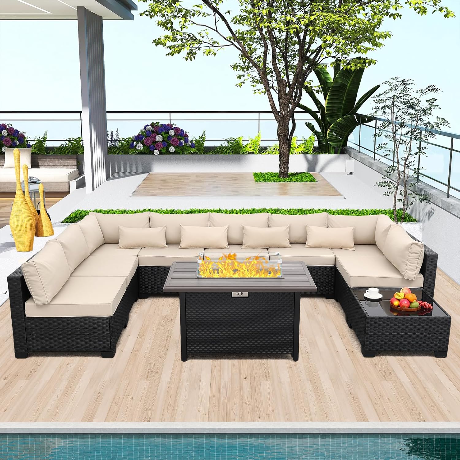 Rattaner 10 Pieces Outdoor Sectional All-Weather Wicker Patio Furniture Set Patio Sectional and Steel Fire Table and Glass Patio Table Non-Slip Cushions and Waterproof Covers, Khaki