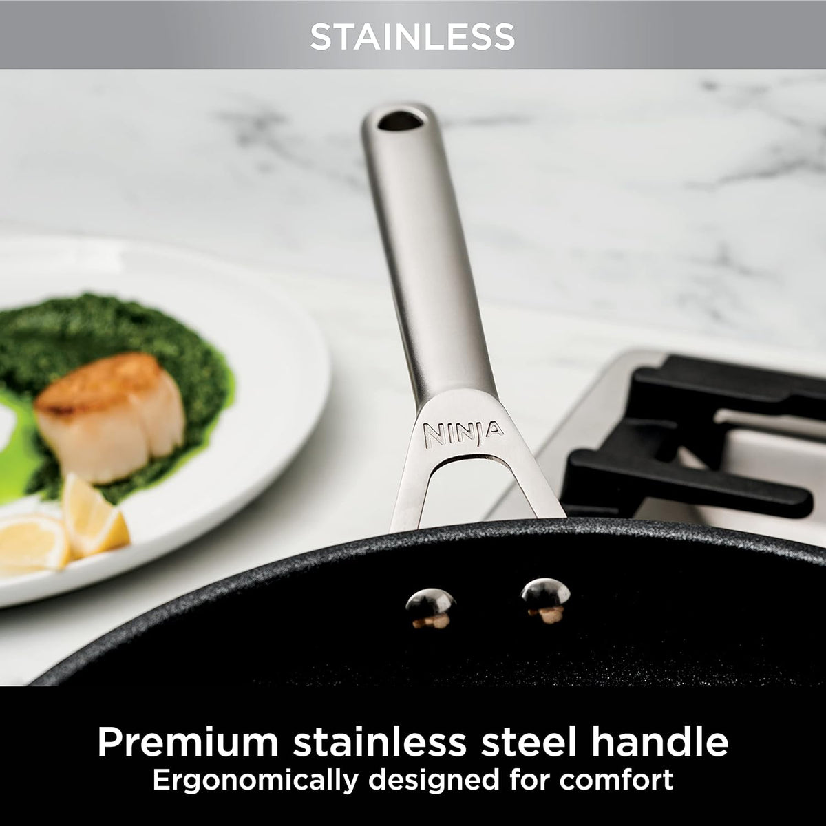 Ninja C69500 Foodi NeverStick Stainless 10-Piece Cookware Set with Glass Lids, Polished Stainless-Steel Exterior, Nonstick, Durable & Oven Safe to 500°F, Silver