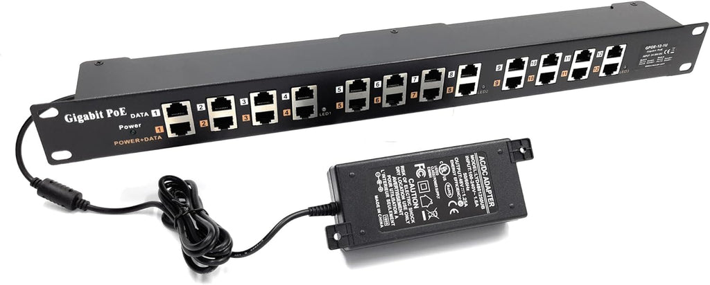 PoE Texas 12 Port Gigabit PoE Injector - Passive Power Over Ethernet Midspan Injector with 48 Volt 60 Watt Power Supply for 802.3af/at Devices - Mode A/B for IP Cameras, Phones, WiFi Access Points