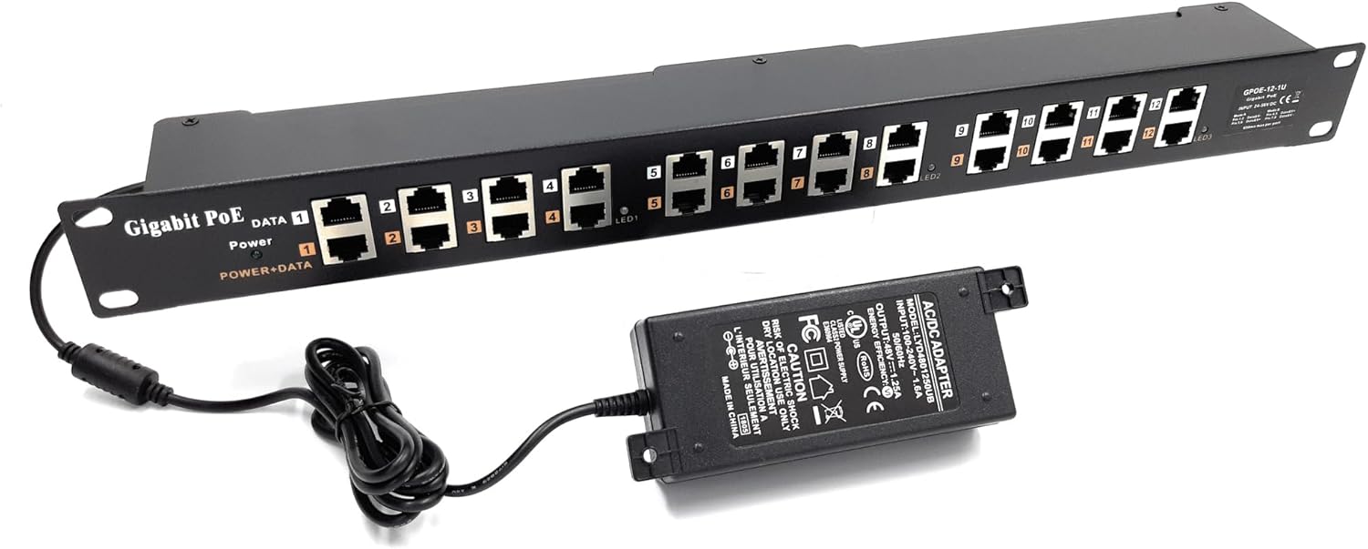 PoE Texas 12 Port Gigabit PoE Injector - Passive Power Over Ethernet Midspan Injector with 48 Volt 60 Watt Power Supply for 802.3af/at Devices - Mode A/B for IP Cameras, Phones, WiFi Access Points