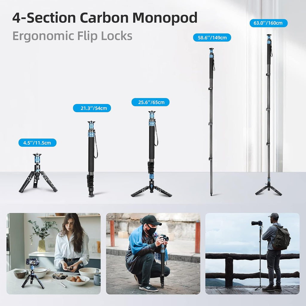 SIRUI P-424FS Carbon Fiber Camera Monopod Kit, 66.3" Heavy Duty Professional Video Monopod with VA-5 Fluid Video Head, Tripod Base, Flip Locks for DSLR Camera
