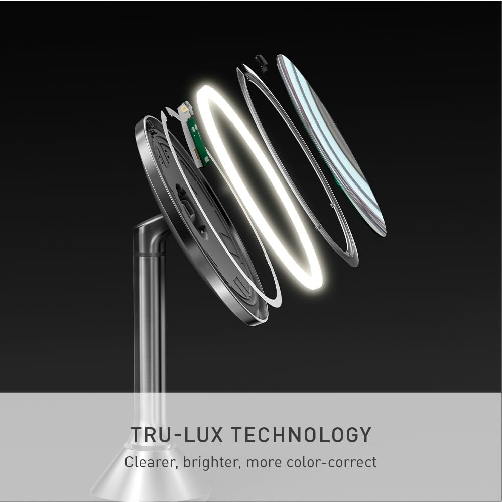 simplehuman Sensor Mirror Fold, 5'' with 10X Magnification, Round Rechargeable Travel Makeup Mirror, Tru-Lux® Full-Spectrum Light, Adjustable Brightness & Height, Brushed Stainless Steel
