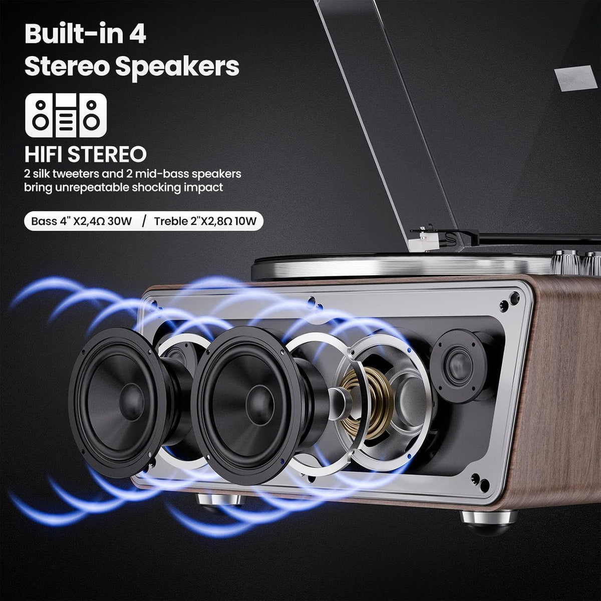 All in One Vinyl Record Player,Bluetooth Turntable Built in 4 Stereo Speakers Phono Preamp,High Fidelity Turntables for Vinyl Records with Magnetic Cartridge AT-3600L,2-Speed,33/45RPM,USB PC Recording