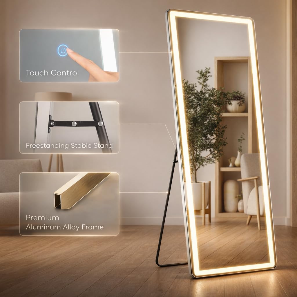 71" x 26" Arched Full Length Mirror with LED Lights, Floor Mirror with Stand, Wall Mirror Full Length, Body Floor Mirror, Wall Mounted Mirror for Bedroom, Dimmable, Tempered Glass