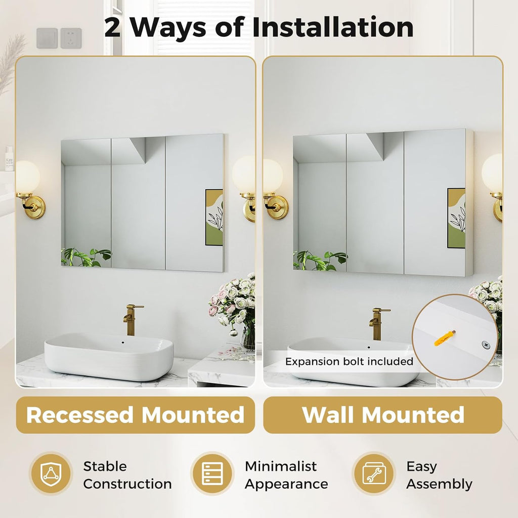 NAFORT Mirrored Medicine Cabinet, 3-Door Wall Mounted Storage Cabinet with Adjustable Shelves, Large Bathroom Wall Cabinet Organizer with Frameless Mirrors, Recessed or Surface Mount