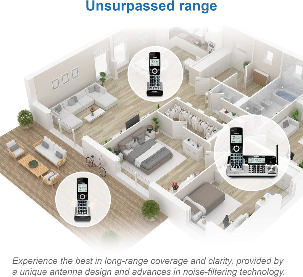 VTech VS113-5 Extended Range 5 Handset Cordless Phone for Home with Call Blocking, Connect to Cell Bluetooth, 2" Backlit Screen, Big Buttons, and Answering System, Silver & Black