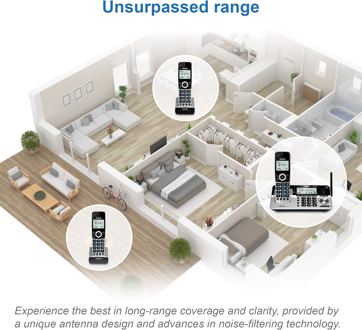 VTech VS113-5 Extended Range 5 Handset Cordless Phone for Home with Call Blocking, Connect to Cell Bluetooth, 2" Backlit Screen, Big Buttons, and Answering System, Silver & Black