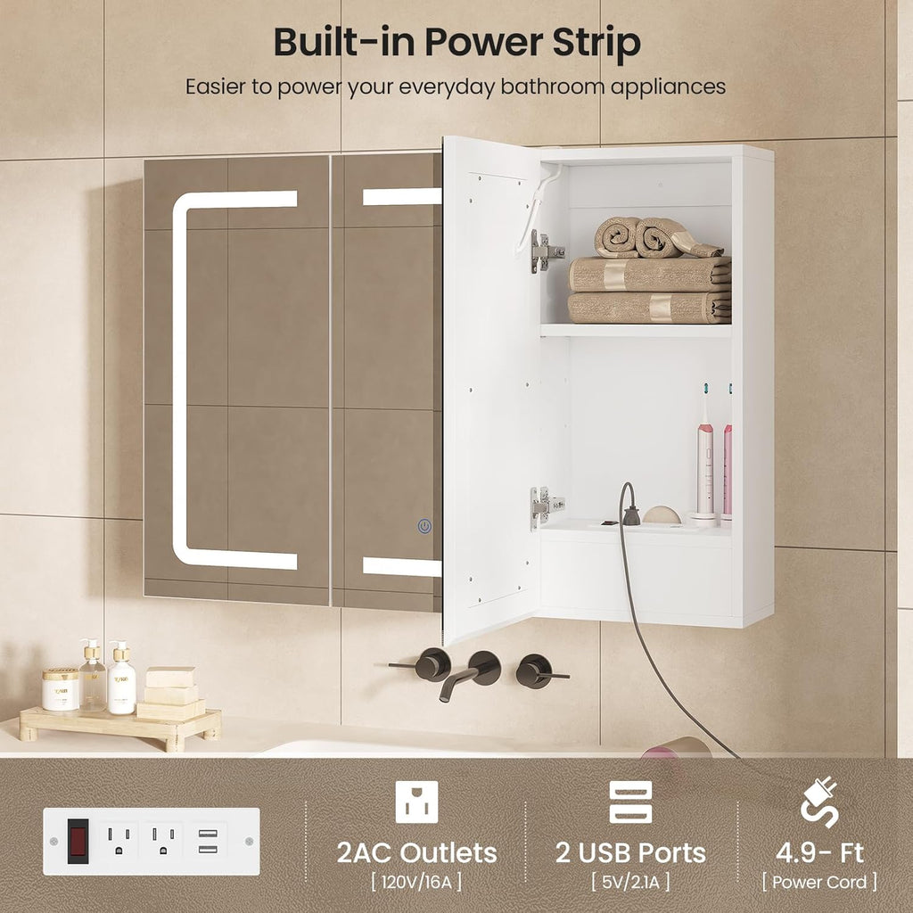 Hasuit Medicine Cabinet Organizer with Mirror, Lighted Bathroom Medicine Cabinet with Storage, 3 Doors Bathroom Wall Cabinet with LED Lights, Adjustable Shelves & Outlets, 31.5'' x 23.6'', White