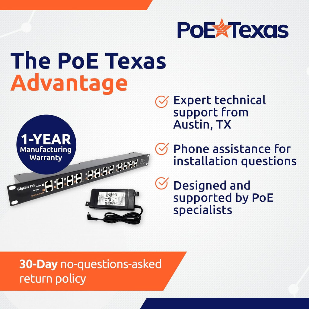 PoE Texas 12 Port Gigabit PoE Injector - Passive Power Over Ethernet Midspan Injector with 48 Volt 60 Watt Power Supply for 802.3af/at Devices - Mode A/B for IP Cameras, Phones, WiFi Access Points