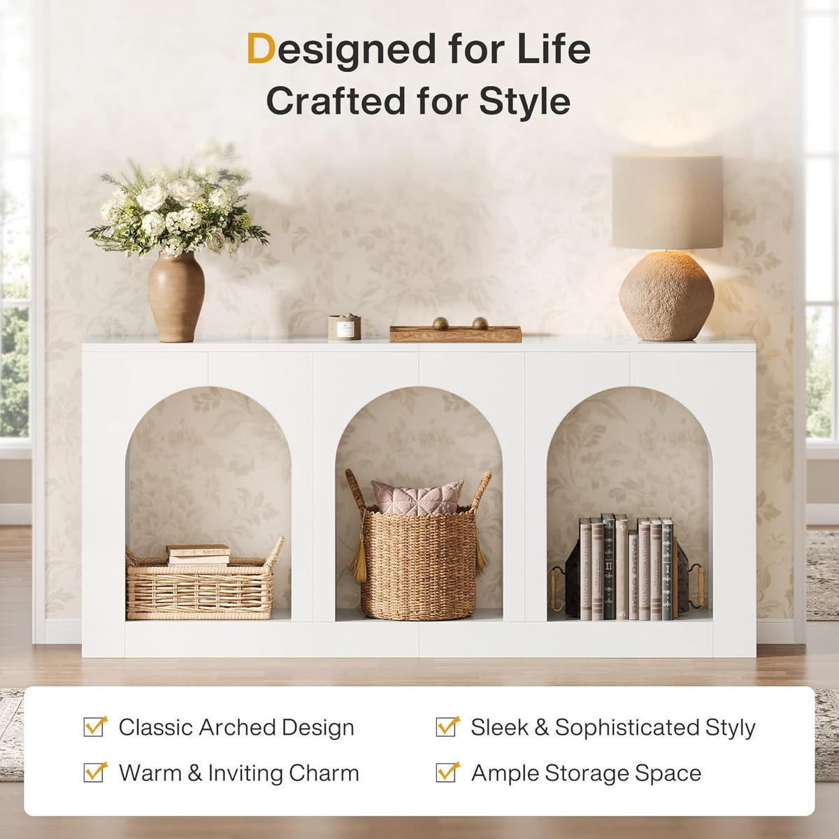Tribesigns 70.9" White Console Table with Storage, Wood Entryway Entry Table with 3 Arched Shelves for Foyer, Hallway, Living Room, Behind Couch Sofa, Narrow Long