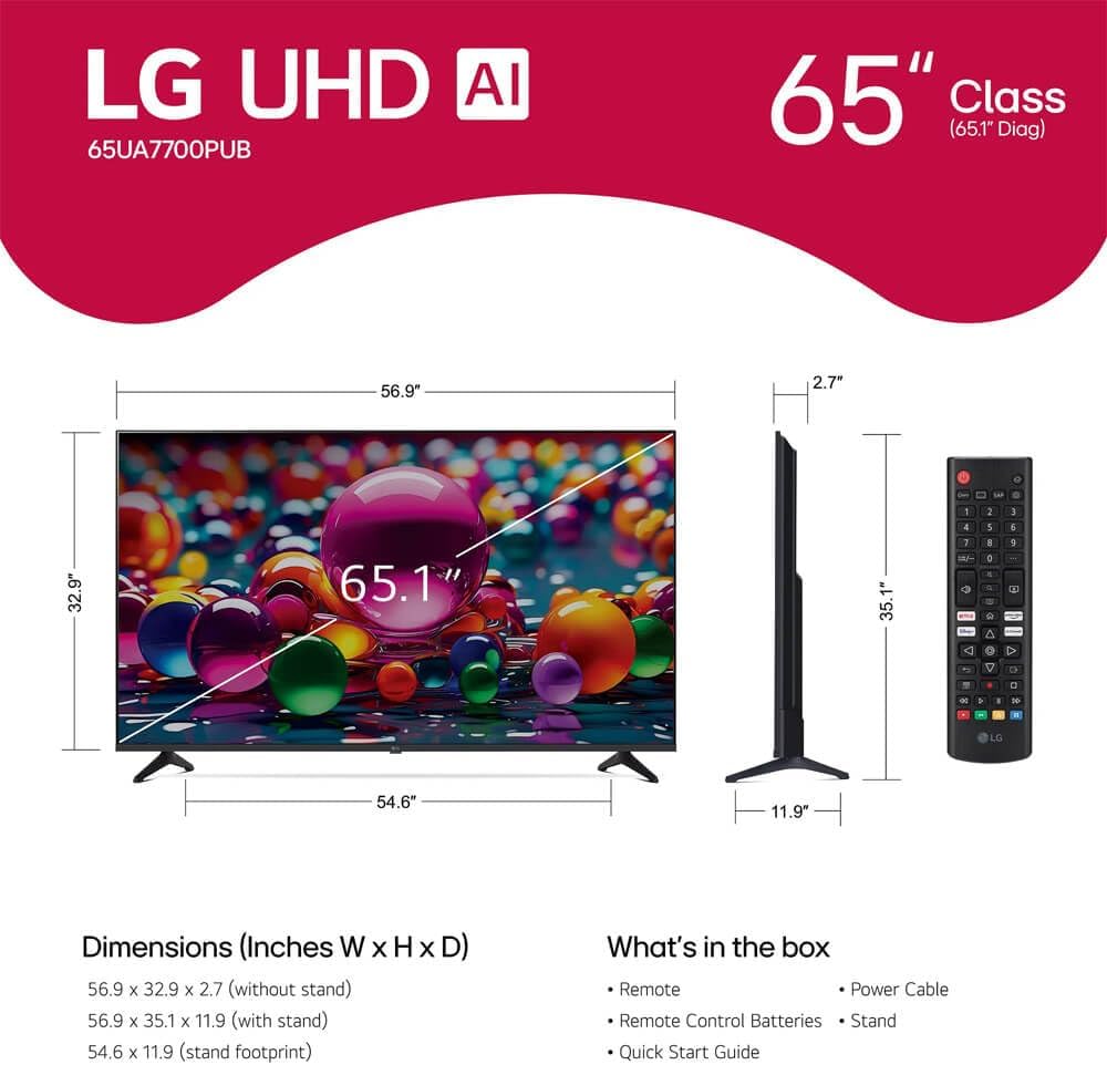 LG 65 Inch Class UA77 Series LED AI 4K Smart webOS TV 2025 HDR WiFi Bluetooth Streaming Bundle with HDMI Cable and 12 Month CPS Protection Plan (65 inch)