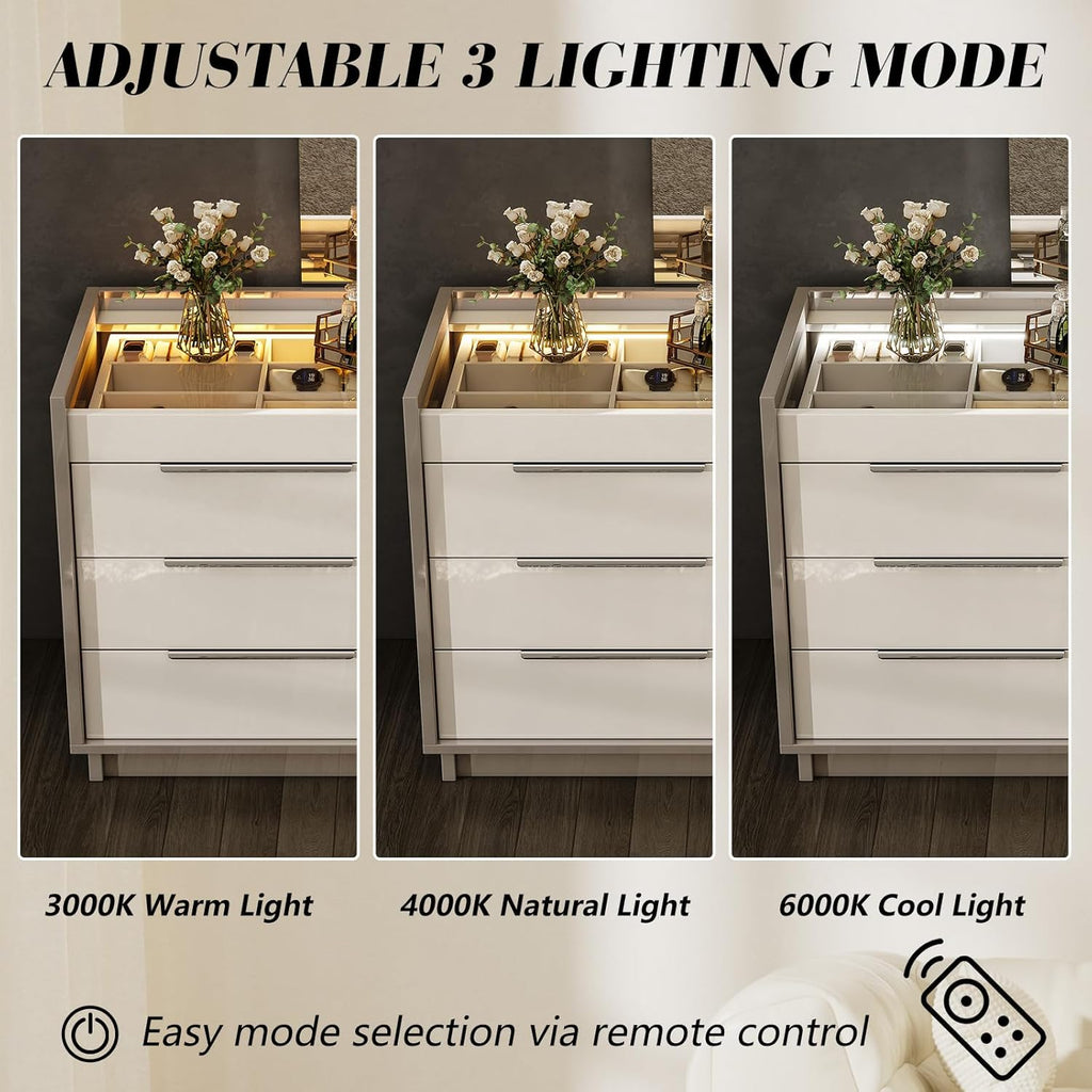 AMERLIFE 47.2" 8 Drawer Dresser with LED Light, Modern High Gloss Chest of Drawers with Glass Tabletop & 2 Six-Grid Jewelry Drawers, for Bedroom, Living Room, Dressing Room, Cream & Grey