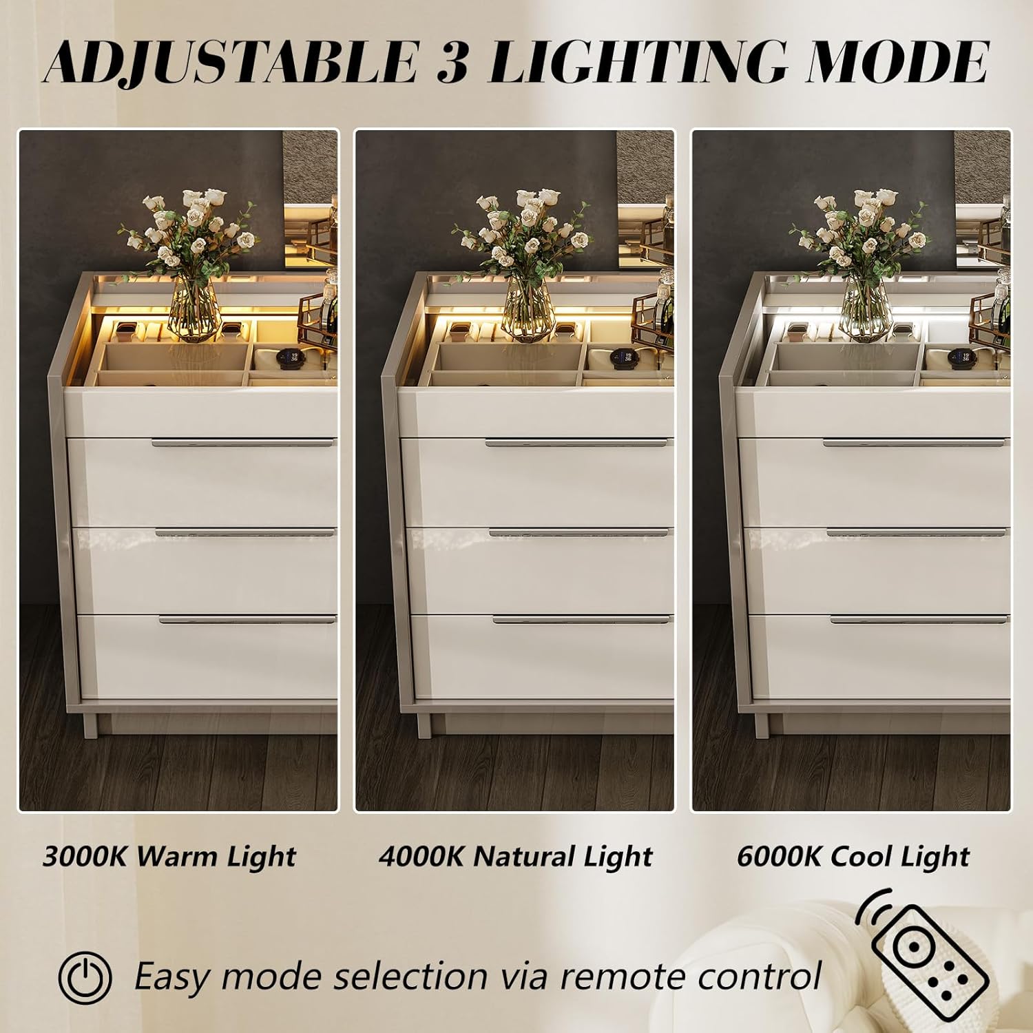 AMERLIFE 47.2" 8 Drawer Dresser with LED Light, Modern High Gloss Chest of Drawers with Glass Tabletop & 2 Six-Grid Jewelry Drawers, for Bedroom, Living Room, Dressing Room, Cream & Grey
