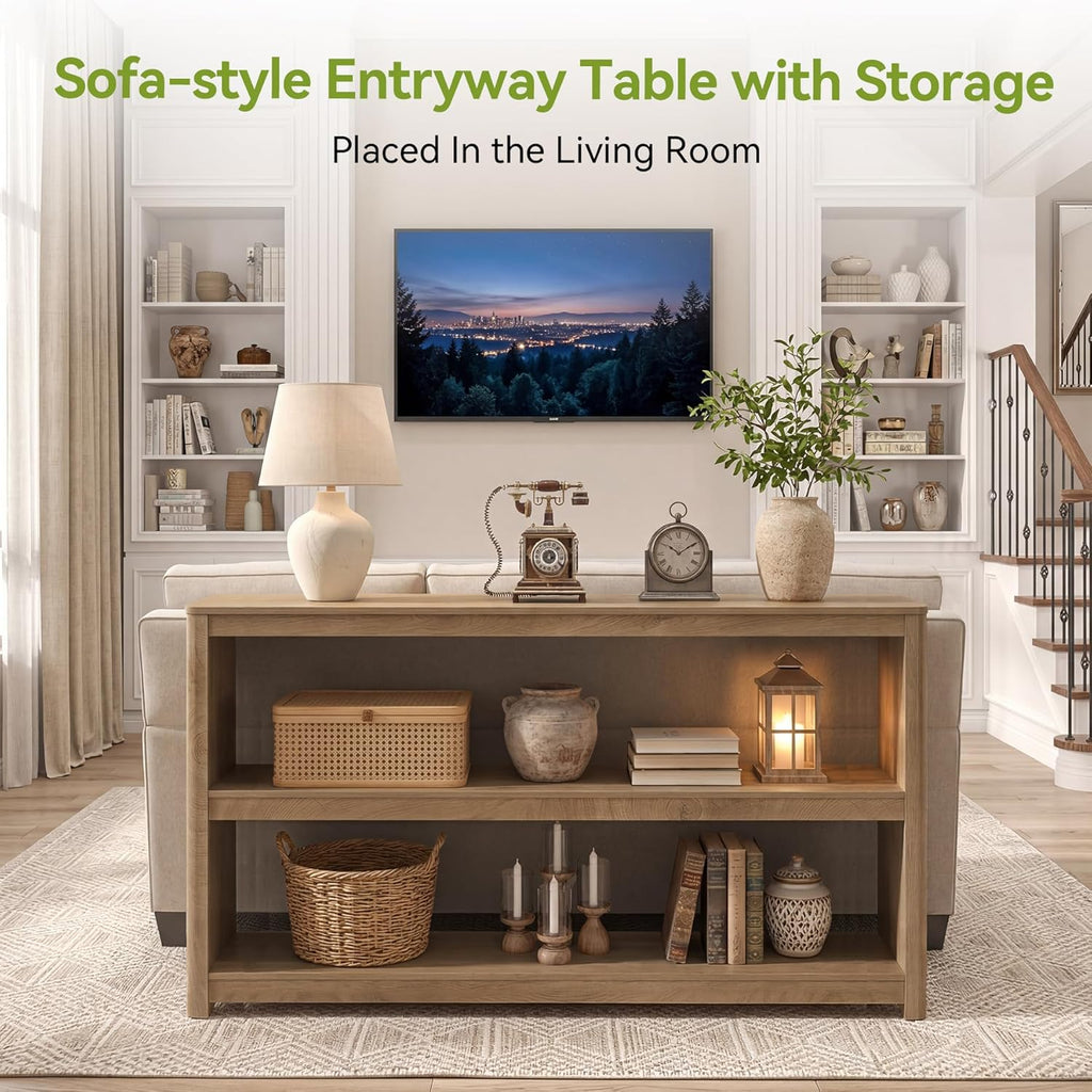 LITTLE TREE 63-Inches Console Table, Modern Sofa Table with 3 Storage Shelves, Narrow Entryway Furniture Living Room, Entrance, Hallway, Foyer, Brown