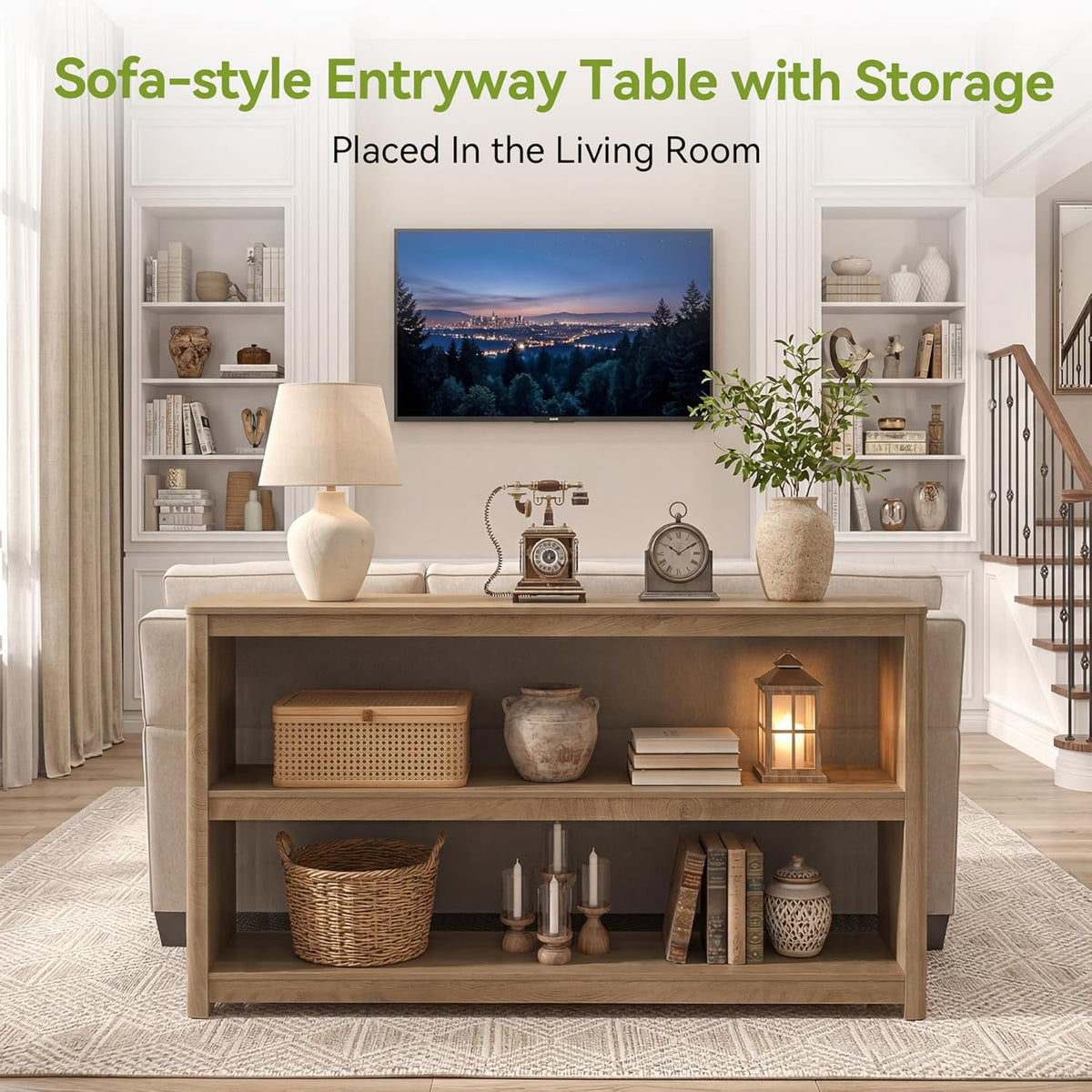 LITTLE TREE 63-Inches Console Table, Modern Sofa Table with 3 Storage Shelves, Narrow Entryway Furniture Living Room, Entrance, Hallway, Foyer, Brown