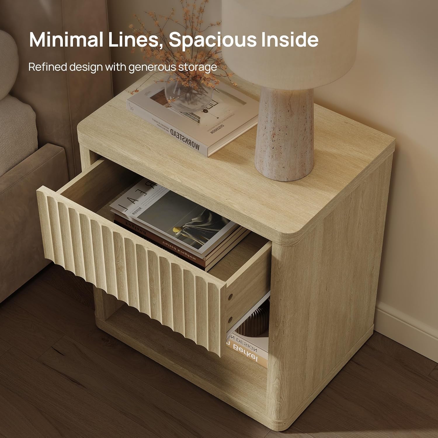 SICOTAS Night Stand with Large Drawer 24" Tall Fluted Modern Nightstands Wide Bedside Table for Bedroom Sofa Home Office, Nightstand with Spacious Storage Minimalist Design, Easy Assembly