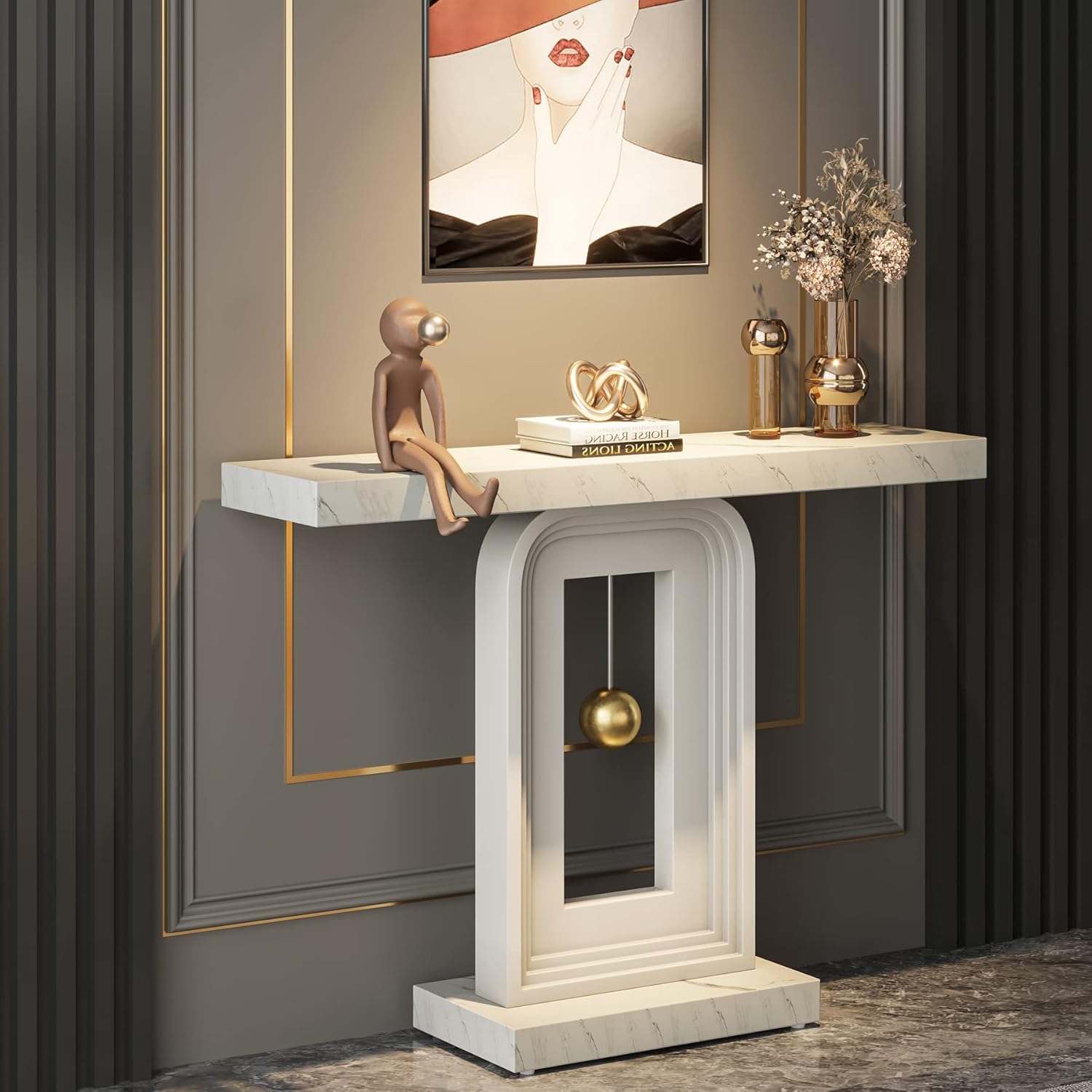 Tribesigns Modern Console Table, 40 Inches Faux Marble Sofa Table, Contemporary Entryway Table with Pendulum Shape Base for Living Room Hallway Entrance, White