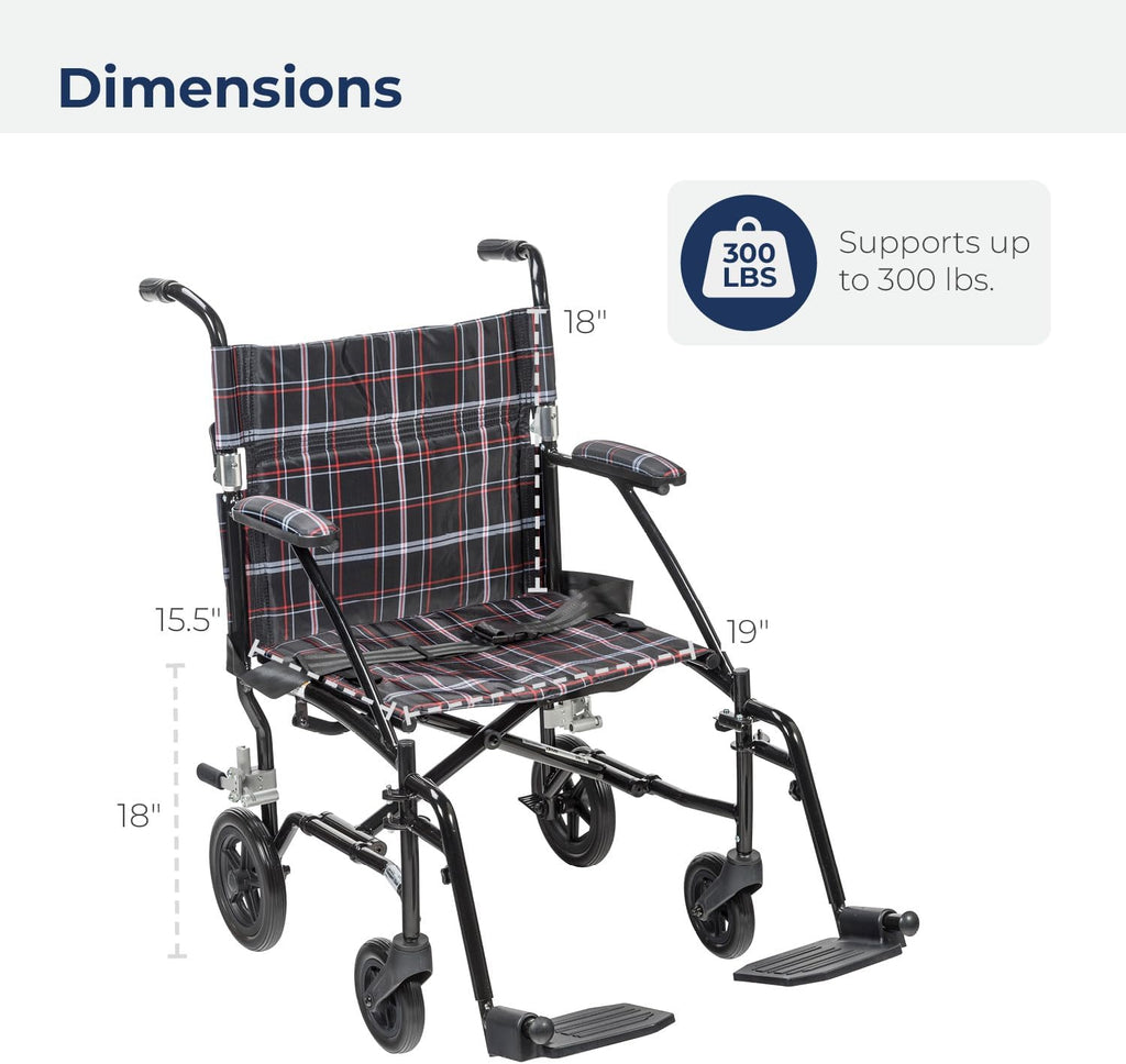 Drive Medical DFL19-BLK Fly-Lite Lightweight Folding Transport Wheelchair with Swing-Away Footrests, Black
