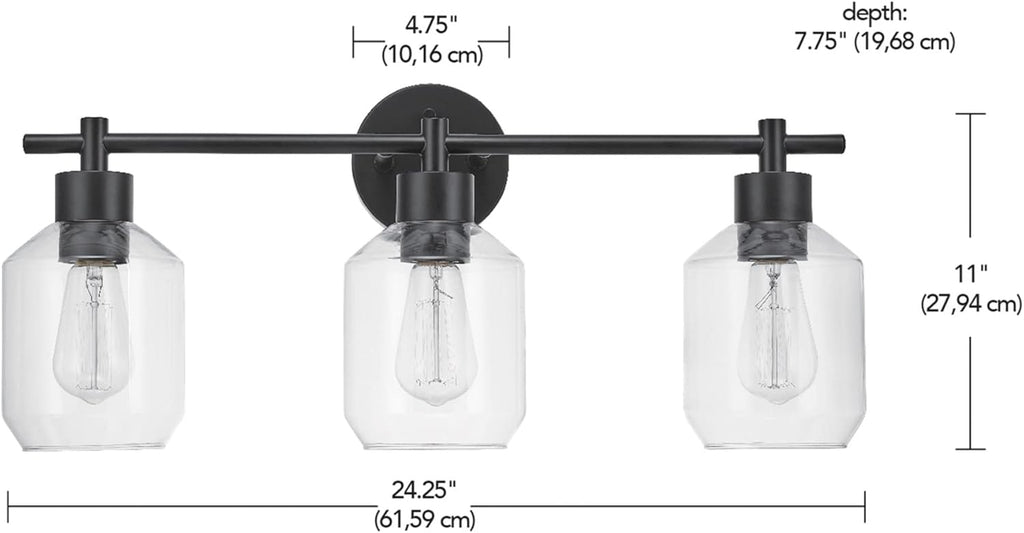 Globe Electric 65556 All-in-One 5-Piece Bathroom Set, Matte Black Finish, 3-Light Vanity with Clear Glass Shades, Towel Ring, Toilet Paper Holder, Robe Hook, and Towel Bar, Modern Bathroom Lighting