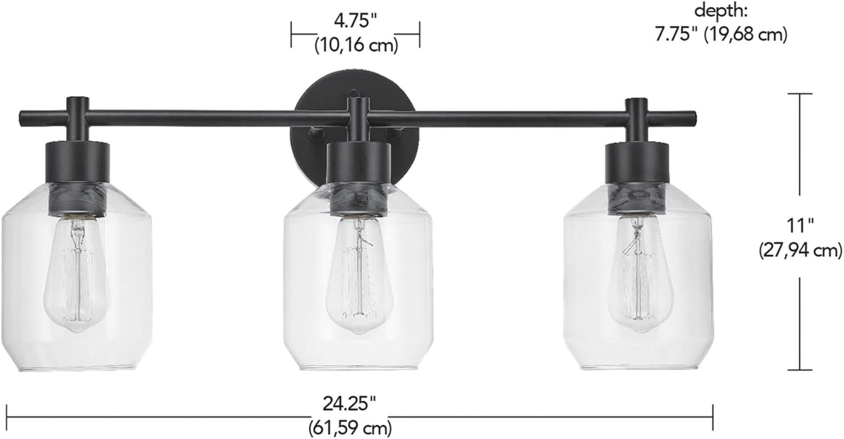 Globe Electric 65556 All-in-One 5-Piece Bathroom Set, Matte Black Finish, 3-Light Vanity with Clear Glass Shades, Towel Ring, Toilet Paper Holder, Robe Hook, and Towel Bar, Modern Bathroom Lighting