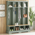 Farmhouse Wood Hall Tree with Bench, 3-in-1 Entryway Hall Tree with 8 Hooks, Open Shoe Compartments and Shelves for Living Room, Entrance, Hallway, Mint Green