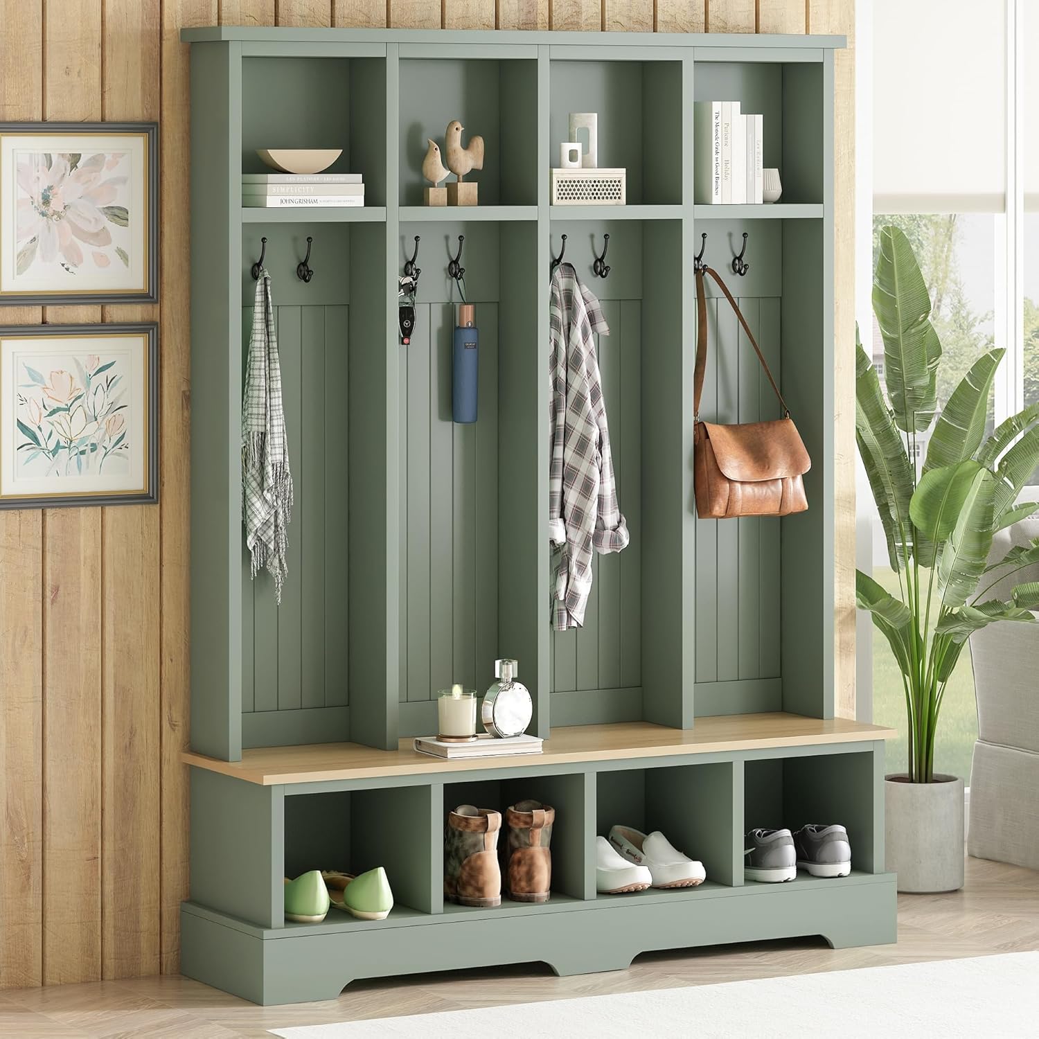 Farmhouse Wood Hall Tree with Bench, 3-in-1 Entryway Hall Tree with 8 Hooks, Open Shoe Compartments and Shelves for Living Room, Entrance, Hallway, Mint Green