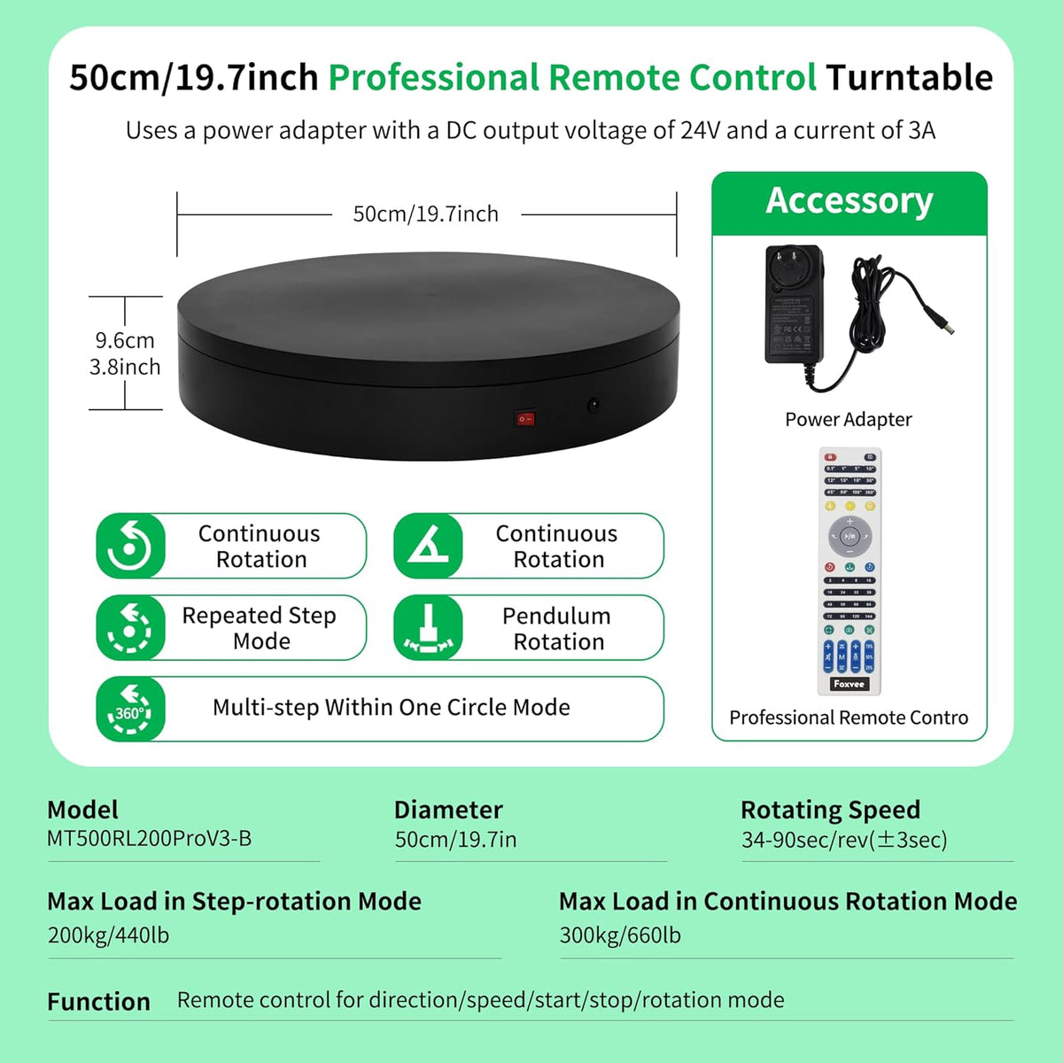Super Heavy Duty Remote-Controlled Motorized Turntable,Motorized Rotating Display Stand,Speed-Adjustable Rotating Platform,Human 3D Scan Electric Turntable for Scan,Showcase(19.7in/Black)