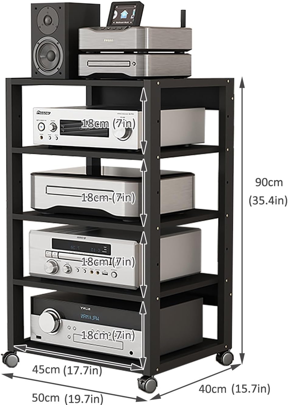 3/4/5 Tier Audio-Video Media Stand with Adjustable Shelves, Home Stereo System Entertainment Components Cabinet for Gaming, Meeting, Living, Recording Room, Black(50x40x90cm)