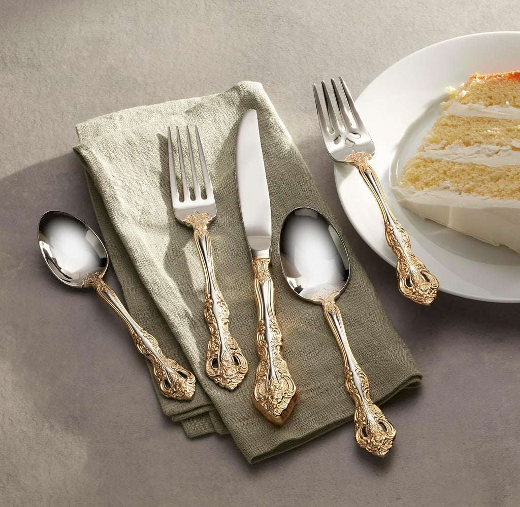 Oneida Silverware Set, Golden Michelangelo 20 Piece Fine Flatware Set, Service For 4, 18/10 Stainless Steel With Gold Carat Tips, Knives Spoons And Forks Sets, Dishwasher Safe (Gold/Silver, 20 Pieces)