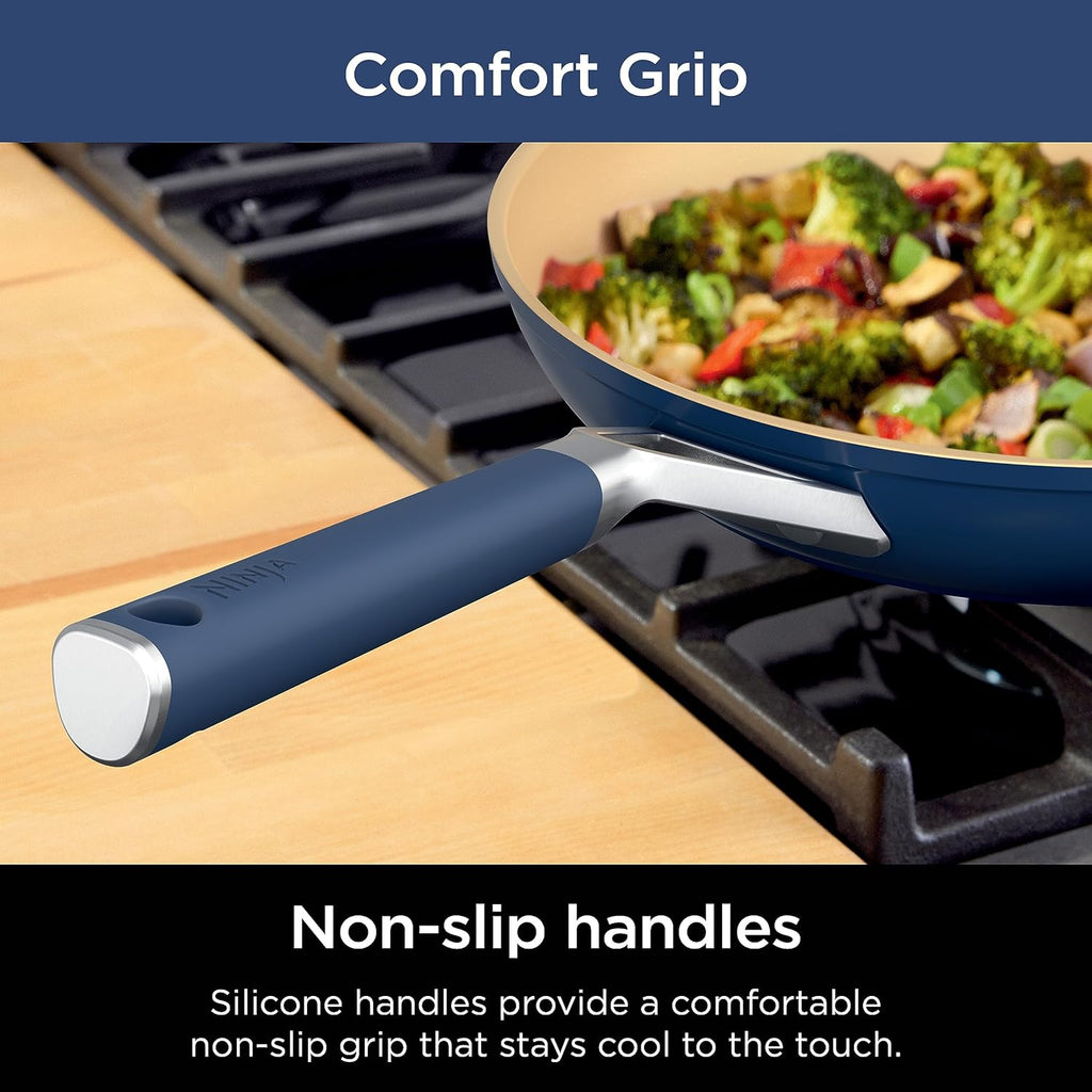 Ninja Ceramic Cookware Set, Extended Life 11-Piece Kitchen Cookware Sets with Comfort Grip, Nonstick Fry Pans, Pots, PTFE Free, Oven & Dishwasher Safe, Stovetop Compatible, Navy Blue, CW49011