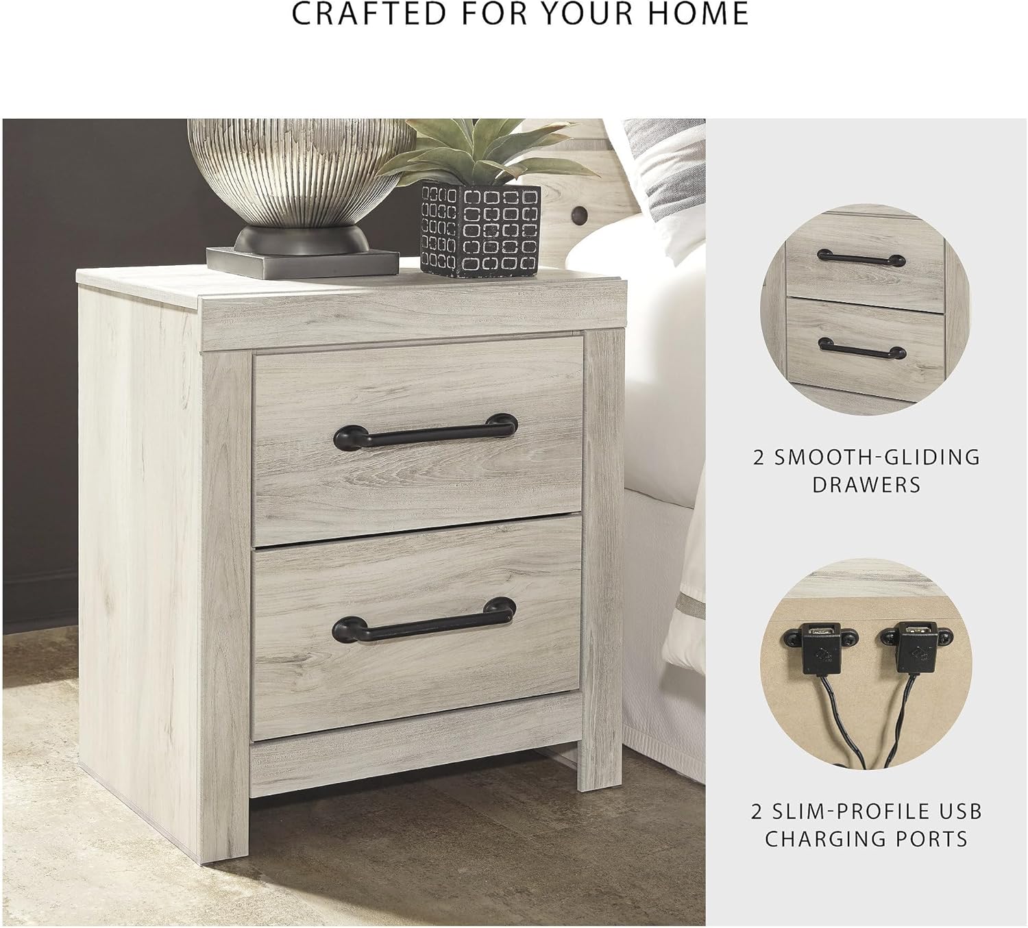 Signature Design by Ashley Cambeck Farmhouse Industrial 2 Drawer Two Drawer Nightstand with 2 Slim-Profile USB Charging Stations, 24.37" Tall, Whitewash