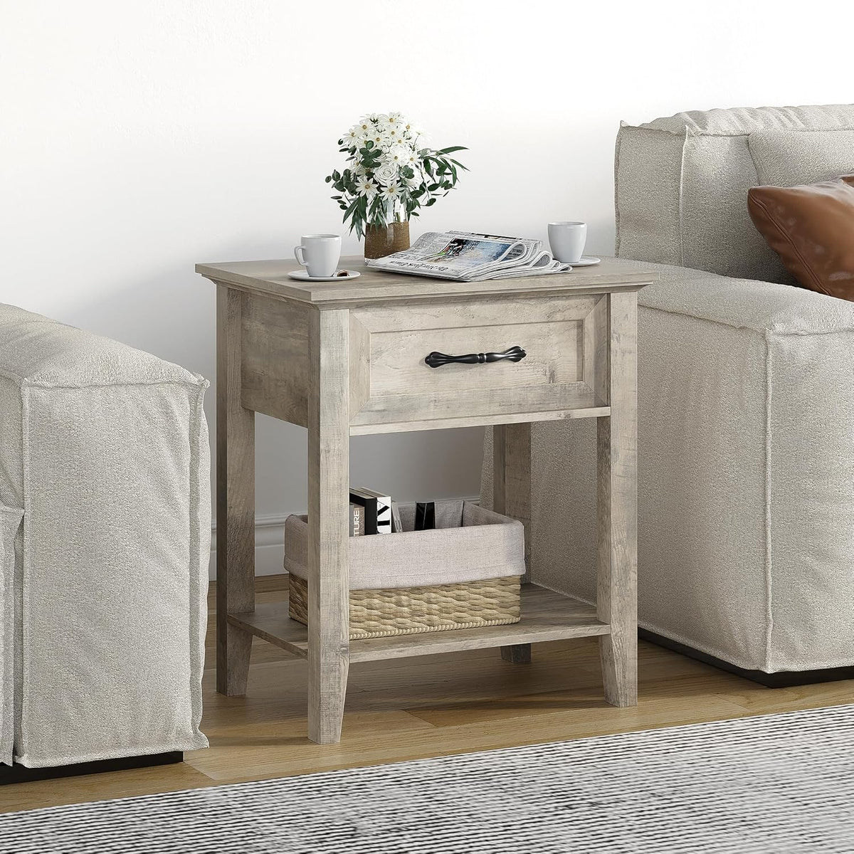 IDEALHOUSE Grey Nightstands Set of 2, End Table with Drawer, Side Table for Spaces, 2 Tiers Storage Shelves with Dresser, Bedside Table for Living Room, Bedroom, Dorm (2pcs-Grey)