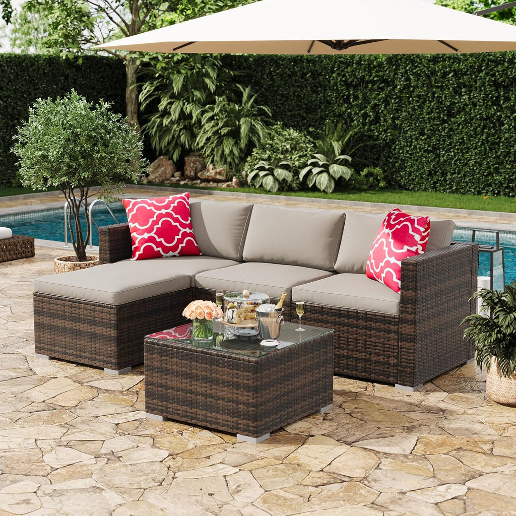 GAOMON 5-Piece All-Weather Patio Furniture Set, Convertible Outdoor Sectional Sofa with Ottoman & Tempered Glass Table, PE Rattan Conversation Set for Garden, Backyard, Porch, Poolside