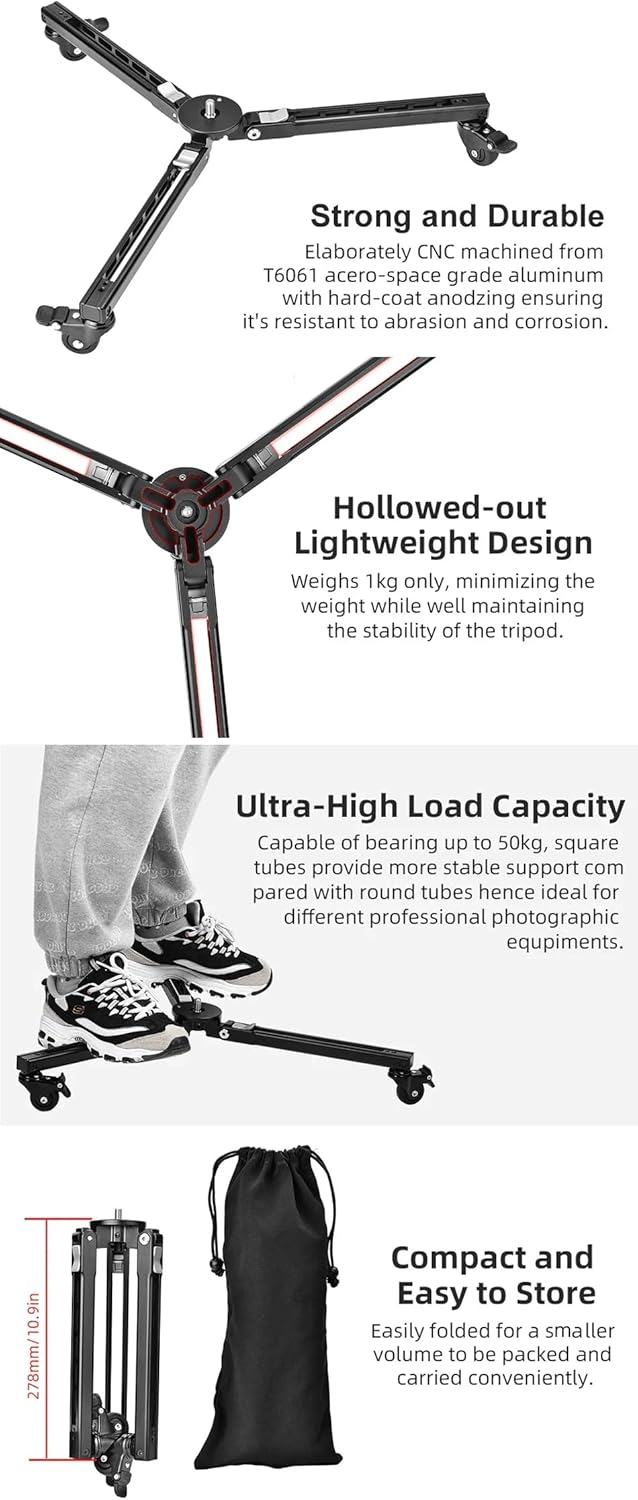 SUNWAYFOTO T1A20R + M3650C CF Monopod + Dolly, Heavy Duty Rolling Stand, Aluminum Alloy w Rubber Wheels
