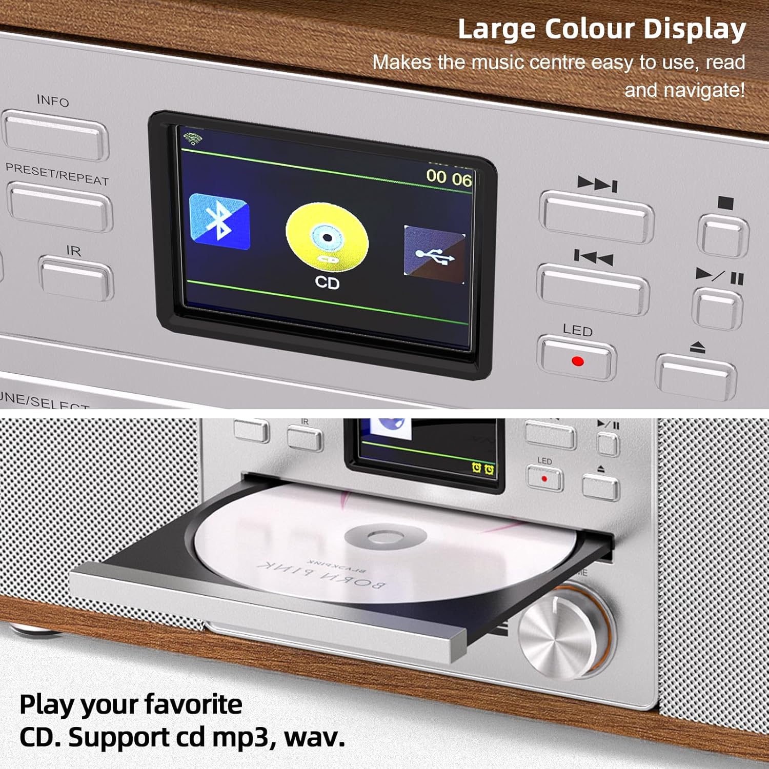 10-in-1 Retro Bluetooth Record Player with Built-in Stereo Speakers | Wireless 3-Speed Turntable for Vinyl, CD, MP3, USB/SD, Internet Radio | Headphone Jack & MP3 Recording | Vintage Multimedia Center