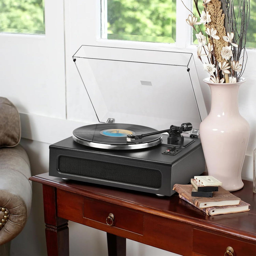 Record Player All-in-One Classic Turntable for Vinyls Records Built-in 4 Stereo Speakers High Fidelity Audio AT-3600L Phono Belt Drive Vinyl Players BT Wireless Pariing Aux-in RCA Auto Stop Pure Black